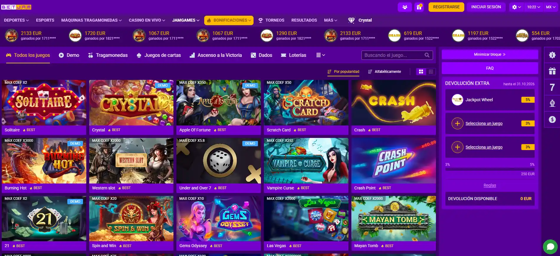 JamGames de Betjam con juegos de cartas, dados y multiplicadores